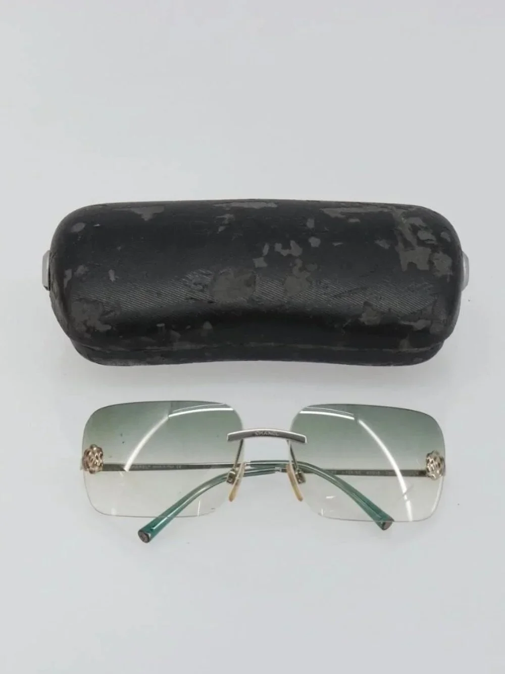 CHANEL Camelia Sunglasses metal Green CC Auth 188892